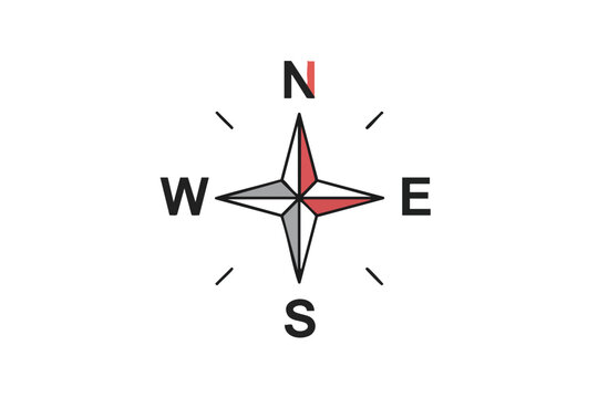 A simple compass rose on a white background, directing towards the four main points