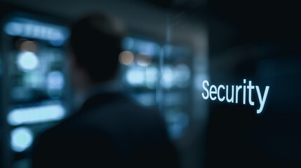 A focused individual, engrossed in advanced technology, navigates the complexities of data security in a cutting-edge environment, where 'Security' lights up.