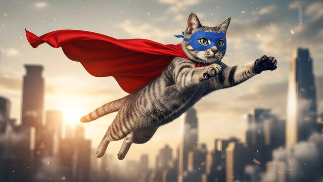 Superhero Tabby Cat in Red Cape and Blue Mask Flying Majestically Over a Modern City Skyline at Sunset