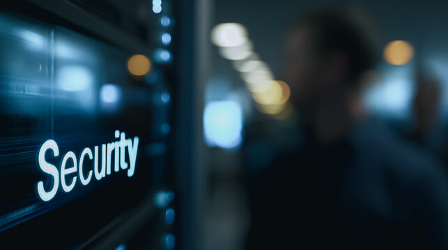 A blurred figure stands before a digital display highlighting the word Security, suggesting the safeguarding of crucial data and systems within a high-tech environment.