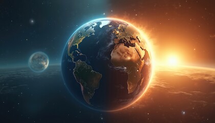 Earth is divided half day half night. Sun rises on one side, moon is visible on the other. Celestial body shows continents glowing with city lights against dark space.