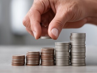 Hand stacking coins in ascending order on a wooden surface, illustrating financial growth and investment strategy, with a blurred background enhancing focus on the coins