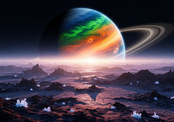 Colorful exoplanet rising over a barren alien landscape