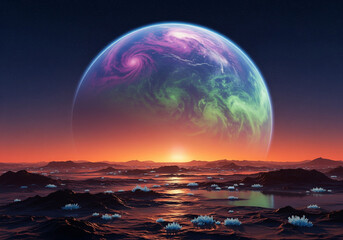 Colorful exoplanet rising over a barren alien landscape