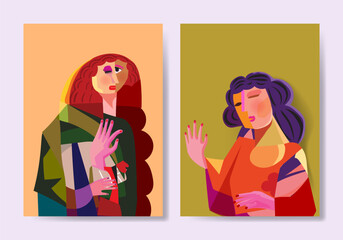 Abstract face portrait girl vector illustration. Artistic cubism, geometric, shapes pattern with vibrant colors for wall art, print, poster and decoration.