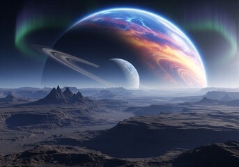 Colorful exoplanet rising over a barren alien landscape