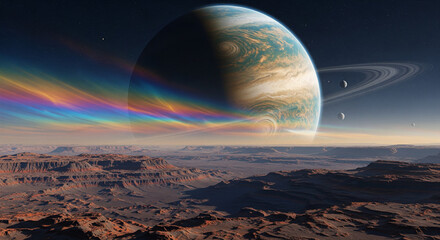 Colorful exoplanet rising over a barren alien landscape