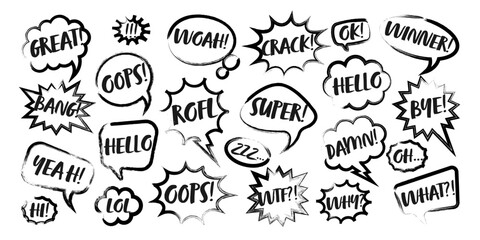 Grunge comic speech bubbles with handwritten text, brush strokes, ink smudges, acrylic stains or charcoal streaks. Hand drawn retro cartoon stickers. Chatting, message box. Vector illustration