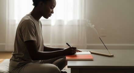 Mindful African American woman writing in her journal. Daily self-care ritual with burning incense before meditation. Personal growth and wellness concept
