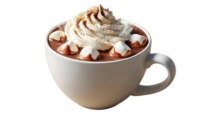 Isolated Hot Chocolate with Whipped Cream, Marshmallows, and Cocoa Powder in White Mug
