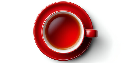 A vibrant red cup filled with steaming tea, set against a clean white background, evoking warmth and comfort.