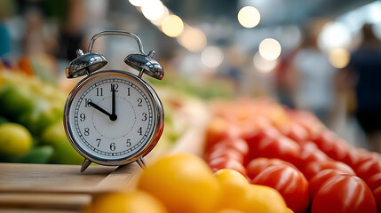 A vintage alarm clock beside fresh produce, symbolizing the importance of time in cooking and food preparation.