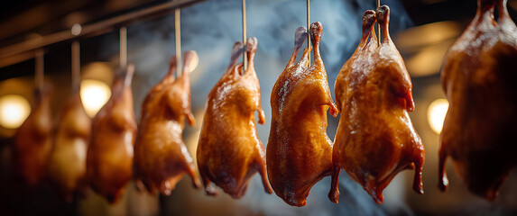 A vibrant display of perfectly roasted ducks hanging, showcasing culinary artistry in a bustling kitchen environment.