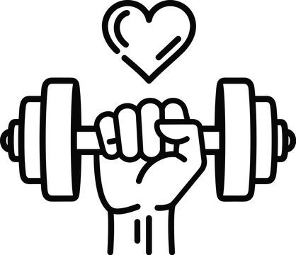 Fist holding dumbbell with heart above on white background hand weight