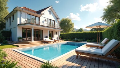 Fototapeta premium Modern white house with wooden deck and blue swimming pool. Outdoor lounge chairs and umbrella provide relaxation under sunny sky. Rich green hedges surround private backyard oasis.