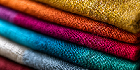 A vibrant collection of multicolored textiles stacked neatly, showcasing a range of rich hues and textures appealing to fashion enthusiasts.