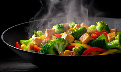 A vibrant, steaming stir-fry with fresh vegetables and tofu, perfect for healthy dining and culinary inspiration.