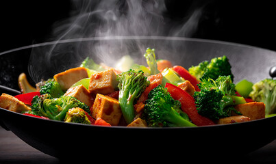 A vibrant stir-fry featuring colorful vegetables and tofu, creating a healthy and delicious meal capture in action with steam rising.