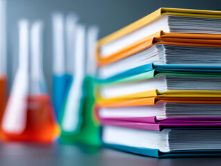 A vibrant collection of textbooks stacked alongside colorful laboratory flasks, showcasing a dynamic learning environment.