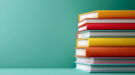 A vibrant stack of colorful books stacked neatly on a table against a teal background, perfect for education and leisure settings.