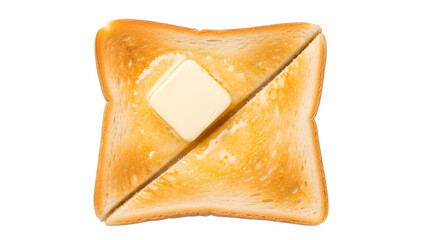 Slice of golden toasted bread with melting butter, cut diagonally and isolated on white background