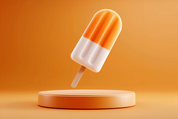 A vibrant orange popsicle suspended in mid-air, showcasing its refreshing and delicious appeal against a bright background.