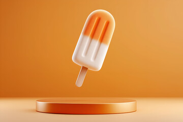 A vibrant orange popsicle with a creamy texture, displayed on a minimalistic pedestal against a warm background, ideal for summer imagery.