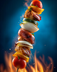 A vibrant skewer of grilled vegetables and meats, perfectly charred and bursting with flavor, set against a dramatic blue backdrop.