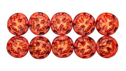 Top View of Ten Grilled Red Tomato Slices Isolated on White Background