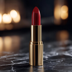 A vibrant red lipstick in a gold casing, showcasing elegance and glamour on a sleek marble surface.
