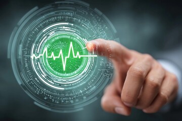 Human hand adjusting a tiny digital interface for tracking health data