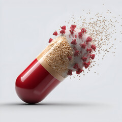 A vibrant red capsule bursts open, releasing colorful particles, symbolizing health and innovation in pharmaceuticals.