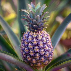 A vibrant pineapple growing in a lush green environment, showcasing its unique texture and natural beauty.