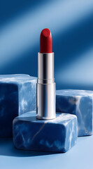 A vibrant red lipstick sits elegantly on textured blue blocks, creating a striking contrast that highlights beauty and elegance.