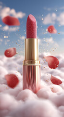 A vibrant pink lipstick stands elegantly amidst fluffy clouds and falling rose petals, blending beauty and romance effortlessly.