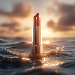 A vibrant lipstick stands elegantly above the shimmering ocean, capturing the essence of beauty and nature's harmony.