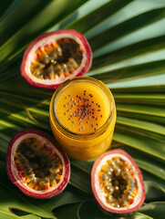 A vibrant jar of tropical passion fruit juice surrounded by fresh fruit on lush green leaves, evoking freshness and vitality.