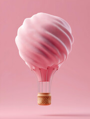 A whimsical hot air balloon designed to look like a giant cotton candy, floating gracefully against a soft pink background.