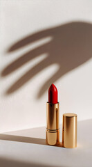 A vibrant red lipstick stands elegantly against a minimalistic background, casting a playful shadow, perfect for beauty themes.