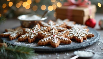 Festive snowflake gingerbread cookies sit on dark plate dusted with powdered sugar. Holiday gifts and red ornament nearby create seasonal cheer. Baked treats ready for winter celebration.