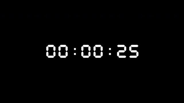 Thirty second countdown animation created for extended timing and clarity. Shows seconds, minutes, and hours in a clean basic display on a black background. Ideal for tutorials, dashboards, UI mockups