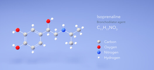 isoprenaline molecule, molecular structure, bronchodilator agent 3d model, Structural Chemical Formula and Atoms with Color Coding