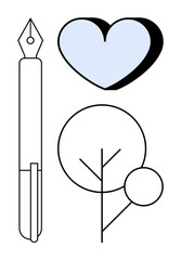 Creativity, nature, expression, love, sustainability, inspiration. Minimalistic pen, heart and tree in bold lines and soft pastel colors. Creativity and nature concept