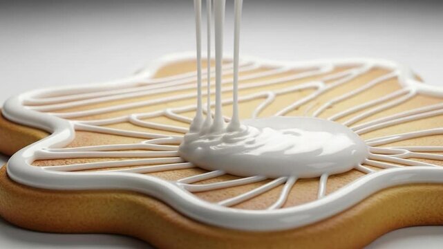 Dripping white glaze onto gingerbread cookie with intricate pattern