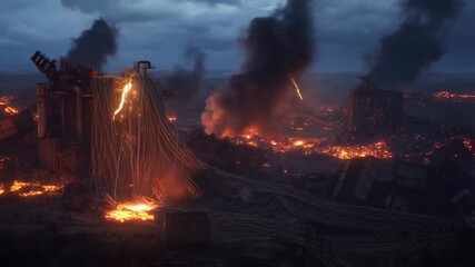 Industrial landscape with molten lava and smoke rising from a damaged facility. Depicts the aftermath of a catastrophic event in a manufacturing area