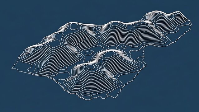 Abstract 3D contour map illustrating a complex topographical landscape with multiple peaks and valleys on a dark blue background. - Powered by Adobe
