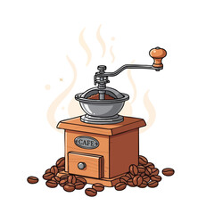 Vintage coffee grinder surrounded by coffee beans and aromatic steam illustrated for a coffee shop concept or menu design