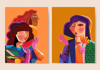 Abstract face portrait girl vector illustration. Artistic cubism, geometric, shapes pattern with vibrant colors for wall art, print, poster and decoration.