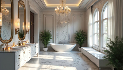 Luxurious master bathroom features freestanding tub double vanity with oval mirrors. Elegant marble floors ornate chandelier, large arched windows with sheer curtains, potted plants add natural touch.