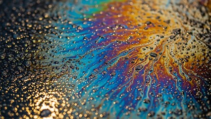 Obraz premium Vibrant iridescent oil slick on a wet dark surface, showing a beautiful rainbow of colors and intricate patterns.